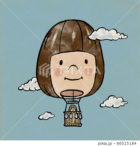 女の子の顔の気球に乗って空を飛ぶ女の子のイラスト素材