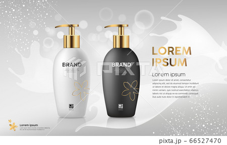 Pump bottle product collection, black and white with gold cap design Pump bottle product collection, black and white with gold cap design 66527470