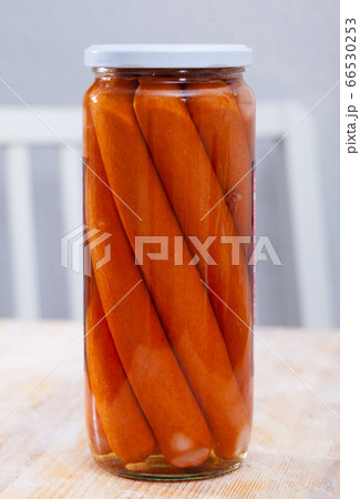 Closed jar with canned Vienna sausages 66530253