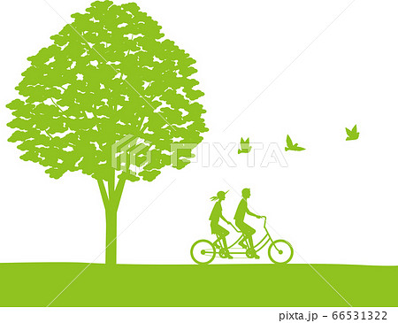 木の下でタンデム自転車に乗るカップルのイラスト素材