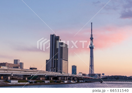 夕日を浴びてオレンジ色に染まる東京スカイツリーの写真素材