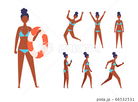 歩く 走るポーズの夏の水着女性イラストのイラスト素材