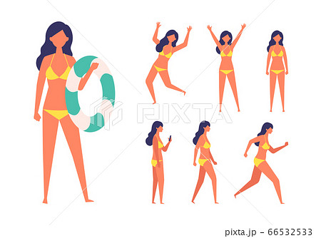 歩く 走るポーズの夏の水着女性イラストのイラスト素材