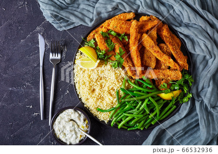 fish sticks with couscous and green beans fish sticks with couscous and green beans 66532936
