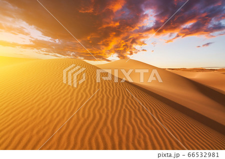 Sunset over the sand dunes in the desert 66532981