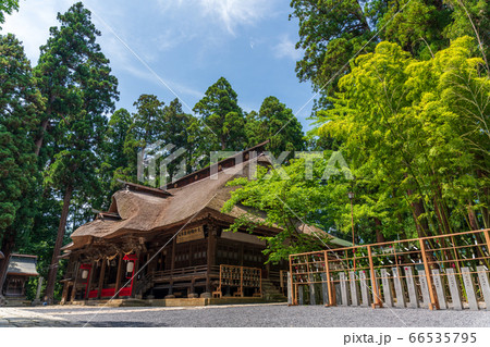 初夏の熊野神社(熊野大社)　拝殿と風鈴の飾り「かなで」　山形県南陽市 66535795