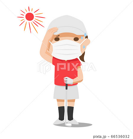 炎天下の中ゴルフをして汗をかいてる女性のイラスト のイラスト素材