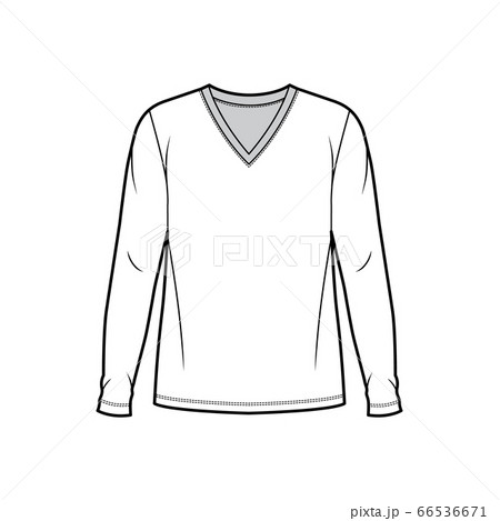 Cotton jersey top technical fashion illustration with V neck, tunic length oversized body long sleeves flat. Cotton jersey top technical fashion illustration with V neck, tunic length oversized body long sleeves flat. 66536671