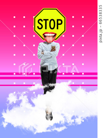 Trendy artwork, modern design with . Contemporary art collage with traffic signs and new senses. 66538335