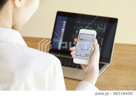 オンライン投資をする日本人の女性の手元 66538400