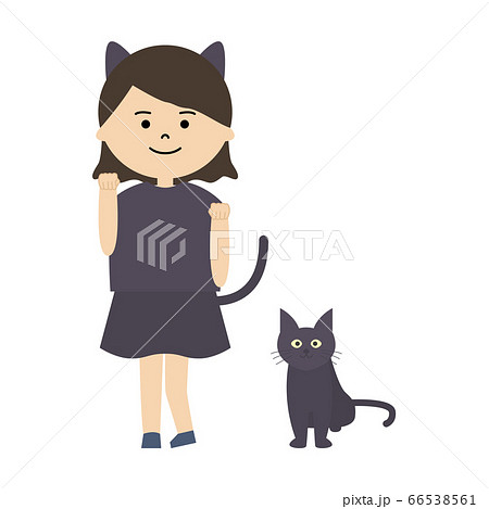黒猫と黒猫の仮装をした女の子のイラストのイラスト素材