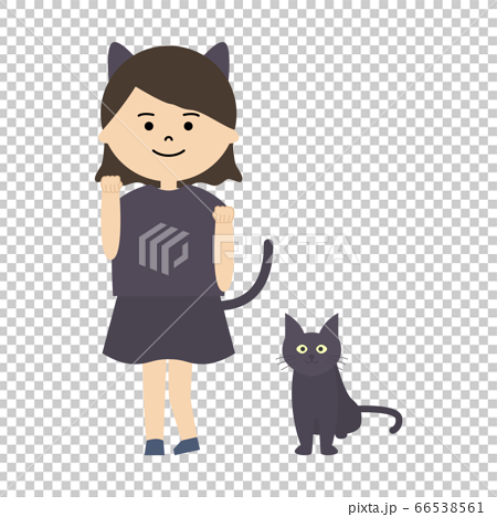黒猫と黒猫の仮装をした女の子のイラストのイラスト素材