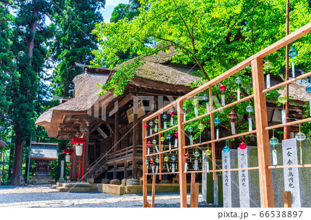 初夏の熊野神社(熊野大社)　拝殿と風鈴の飾り「かなで」　山形県南陽市 66538897