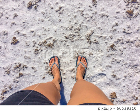 Woman standing on the beach in the tidal zone with Woman standing on the beach in the tidal zone with 66539310