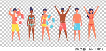 水着を着て直立する様々な人種の人々のイラストのイラスト素材
