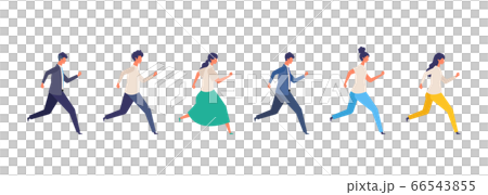 Illustration of full-length figures of various running people 66543855
