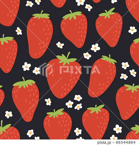 Cute seamless pattern with red strawberries. Natural summer print with berry, fresh fruits and flowers in hand drawn style. Colorful vector strawberry background. 66544864