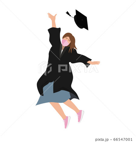 Young 20202 graduate student girl in medical mask and graduation gown jumping and throwing the mortarboard high into the air. Flat vector illustration isolated on white 66547001