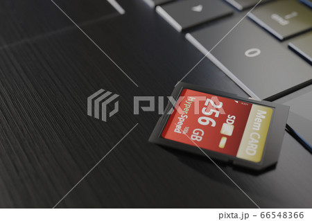 High capacity memory card on laptop close-up. SDXC 256 gb. Modern storage devices concept. Top angle view. Keyboard buttons in frame. Selective focus. 3D render 66548366