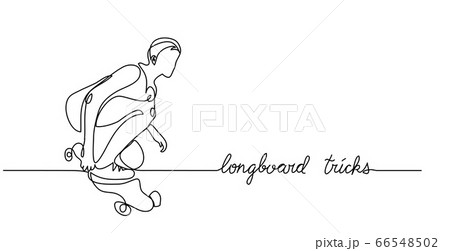 Longboard skate trick. Simple vector background, web banner, poster. One continuous line drawing of skater with lettering 66548502