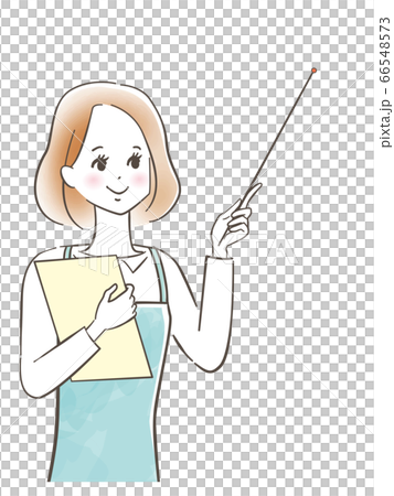 A cute smiling woman wearing an apron explains... - Stock Illustration ...