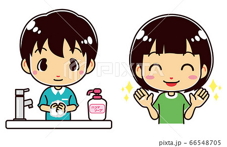 手を洗う男の子と手を洗った女の子のイラスト素材