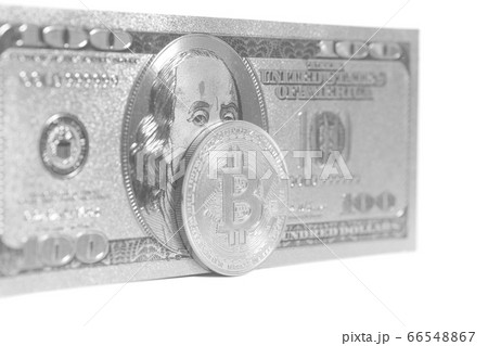 Silver bitcoin with U.S. dollar isolated on white Silver bitcoin with U.S. dollar isolated on white 66548867