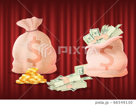 Golden Coins and Banknotes, Dollar Currency Bags 66549130