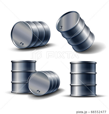 Set of Black metal oil barrel in different position isolated on white 66552477