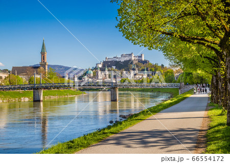 Salzburg skyline with Festung Hohensalzburg and Salzach river, Austria 66554172