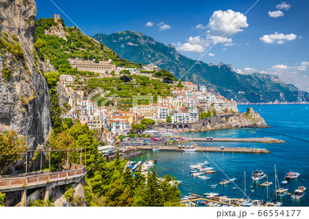 Postcard view of Amalfi, Amalfi Coast, Campania, Italy Postcard view of Amalfi, Amalfi Coast, Campania, Italy 66554177