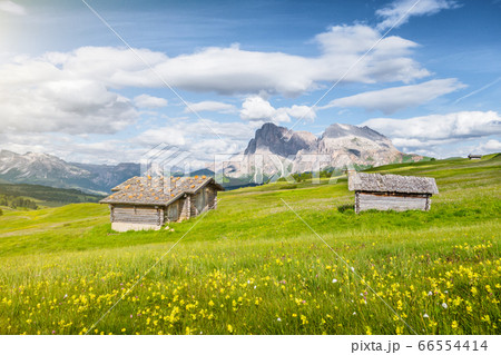 Old mountain huts at Alpe di Siusi, South Tyrol, Italy Old mountain huts at Alpe di Siusi, South Tyrol, Italy 66554414