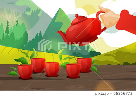 Male hand hold teapot stuff, asian tea ceremony banner cartoon vector illustration. Advertisement oriental composition landscape. 66556772