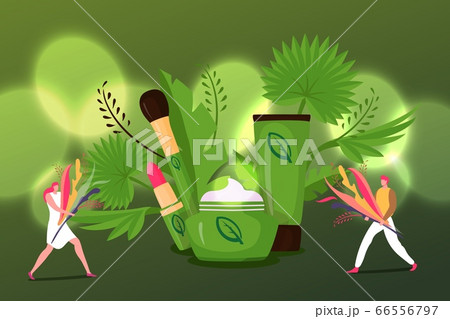 Tiny character female male herbal cosmetics, face skin care cream medicinal treatment cartoon vector illustration. Ecological clean beauty stuff. 66556797