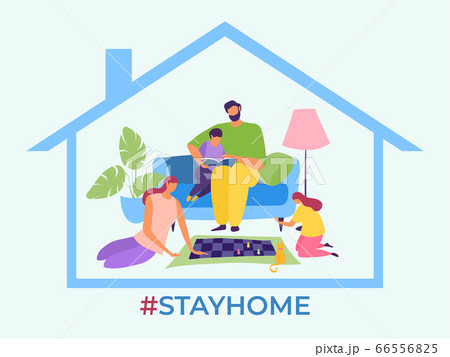 Stay home, family stop virus spread vector illustration. Parents and children spend quarantined time together. Mother play chess Stay home, family stop virus spread vector illustration. Parents and children spend quarantined time together. Mother play chess 66556825
