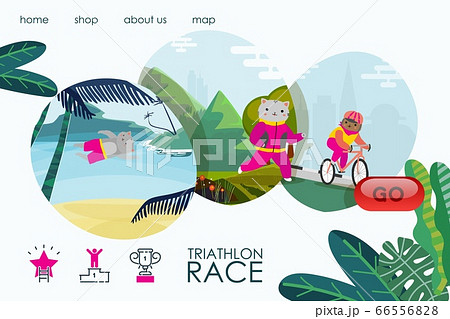 Sport cat triathlon race, landing banner vector illustration. Athlete cartoon animal healthy training, exercise training. 66556828