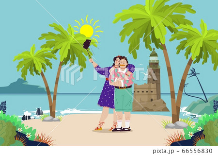 People couple at beach make selfie at smartphone, vector illustration. Love photo at summer vacation,man and woman character 66556830
