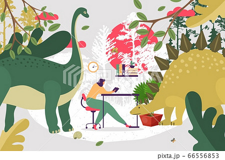 Reading book about nature wildlife, girl imagine vector illustration. Young woman character sitting at table, dinosaur reptiles 66556853