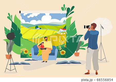 Reading book with child for photo, vector illustration. Beautiful work object with spotlight lamp for shooting family pics. 66556854