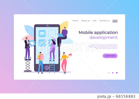 Mobile application development, landing concept vector illustration. Group people make out design display, creates user interface. Mobile application development, landing concept vector illustration. Group people make out design display, creates user interface. 66556883