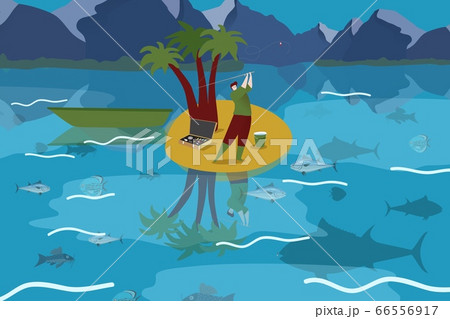 Fisherman catch tropical fish, outdoor ecological national park river sea ocean cartoon vector illustration. Natural snow mountain landscape. Fisherman catch tropical fish, outdoor ecological national park river sea ocean cartoon vector illustration. Natural snow mountain landscape. 66556917
