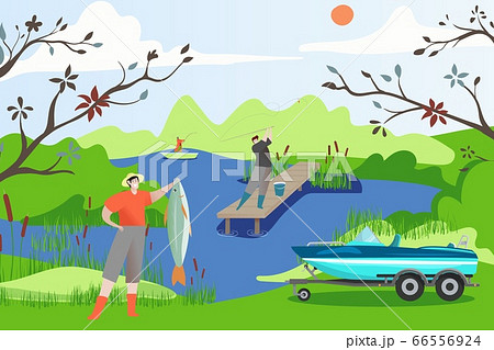 Fisherman people boat with fish vector illustration. Summer outdoor hobbies. Man character on lake holds excellent catch in hand. 66556924