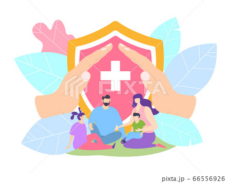 Family health insurance with clinic, life protection concept vector illustration. Parent and children protected by hospital. Family health insurance with clinic, life protection concept vector illustration. Parent and children protected by hospital. 66556926