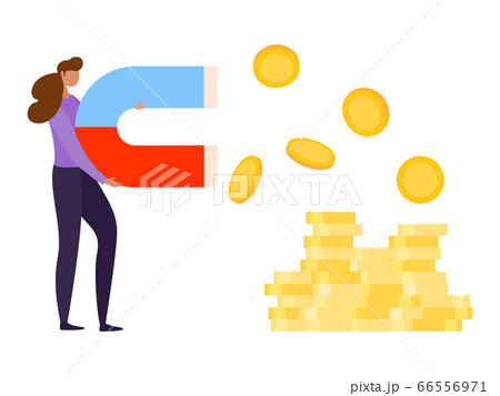 Finance investment, vector illustration. Magnet attract money for business concept, woman character hold power for coin profit 66556971