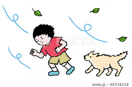 向かい風の中を歩く犬と少年のイラスト素材