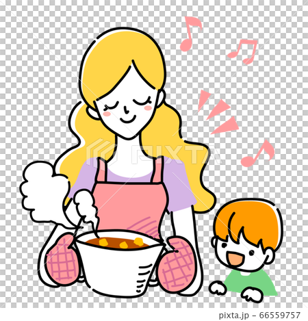 料理の入った鍋を持っている女性と子どものイラスト素材 66559757 Pixta