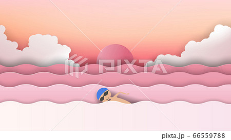 Smiley man swimming in the ocean with sunset...のイラスト素材 [66559788] - PIXTA