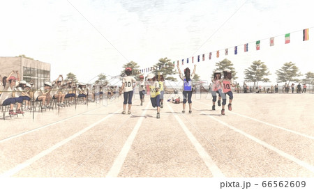 学校　運動会　リレー　スタート　観客有り　建物有り　イラスト17 66562609