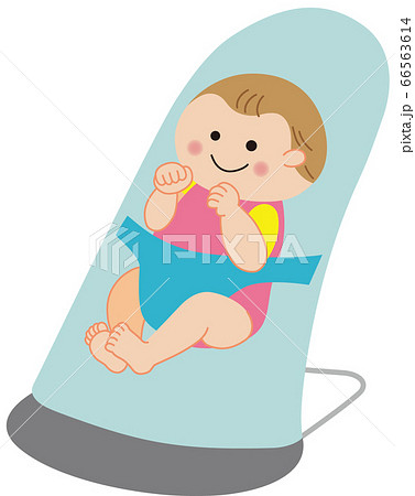 水色のバウンサーとピンク色の服を着た笑顔の赤ちゃんのイラスト素材