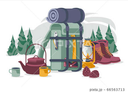 Tourism and camping objects set with backpack, teapot, cups, gas lamp, hiking boots, knife, ax and bumps isolated on white background 66563713